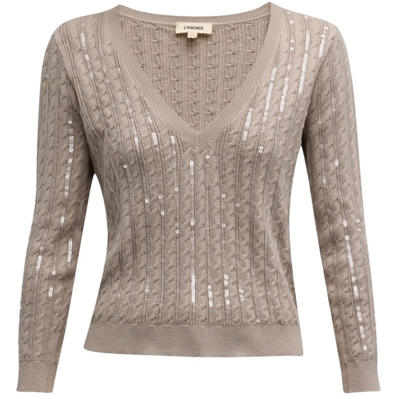 L'AGENCE Beige Cable Knit V-Neck Sequin Embellished Sweater Long Sleeve Top SZ L - Picture 2 of 3